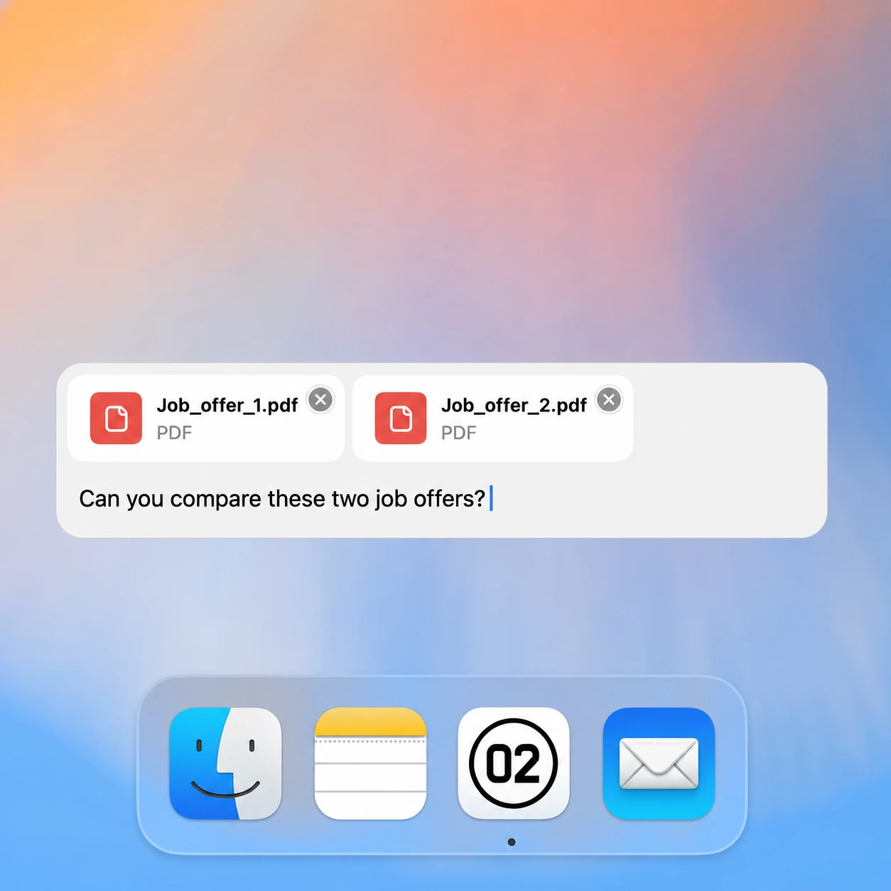 ZeroTwo desktop app comparing two job-offer PDFs in the composer.