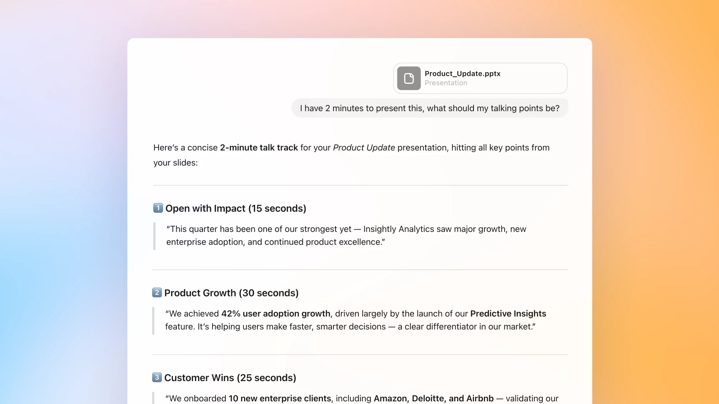 ZeroTwo AI | AI agent platform | A Notion page shows a response to the prompt “Here’s my pitch deck — can you help me create a sum-up slide?” for the file Pitch_Deck.pptx. The assistant provides a closing slide titled “Smarter Collaboration. Real Impact.” It summarizes key pitch points including the problem of tool overload, a unified AI-powered solution, traction with 200+ customers and $1.5M ARR, a $12B market growing at 15% annually, a SaaS freemium business model, a $2M seed funding ask, and a vision to improve remote collaboration. The assistant offers to visually design the slide or integrate it into the deck.