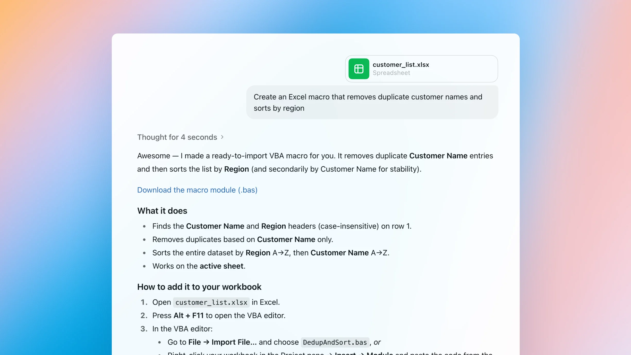 ZeroTwo AI | AI agent platform | A Notion page summarizing what's driving the best ROI in a spreadsheet called marketing_performance.xlsx. The user asks for help identifying what's behind top ROI. The response includes a "Channel Performance Overview" section, explaining that channels are ranked by average ROI, showing efficiency and conversion value. It highlights that top performers generate high revenue per dollar spent, CPA and CPC reveal cost efficiency, and underperformers have low or negative ROI due to poor returns or high spend. A follow-up prompt asks if month-over-month trends or campaign-level breakdowns should be included next.