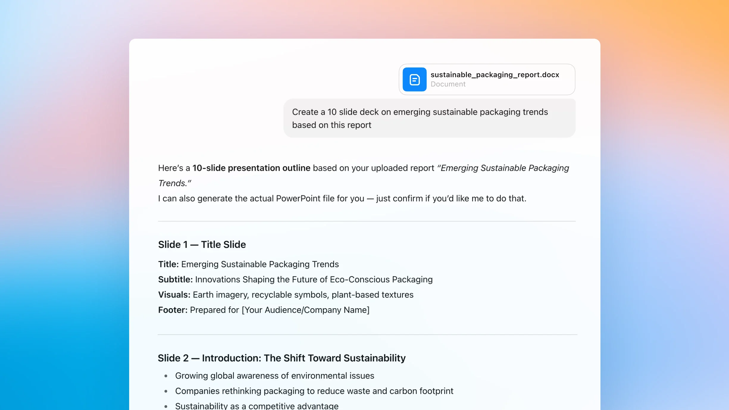 ZeroTwo AI | AI agent platform | A Notion page shows a response to the prompt “Here’s my pitch deck — can you help me create a sum-up slide?” for the file Pitch_Deck.pptx. The assistant provides a closing slide titled “Smarter Collaboration. Real Impact.” It summarizes key pitch points including the problem of tool overload, a unified AI-powered solution, traction with 200+ customers and $1.5M ARR, a $12B market growing at 15% annually, a SaaS freemium business model, a $2M seed funding ask, and a vision to improve remote collaboration. The assistant offers to visually design the slide or integrate it into the deck.
