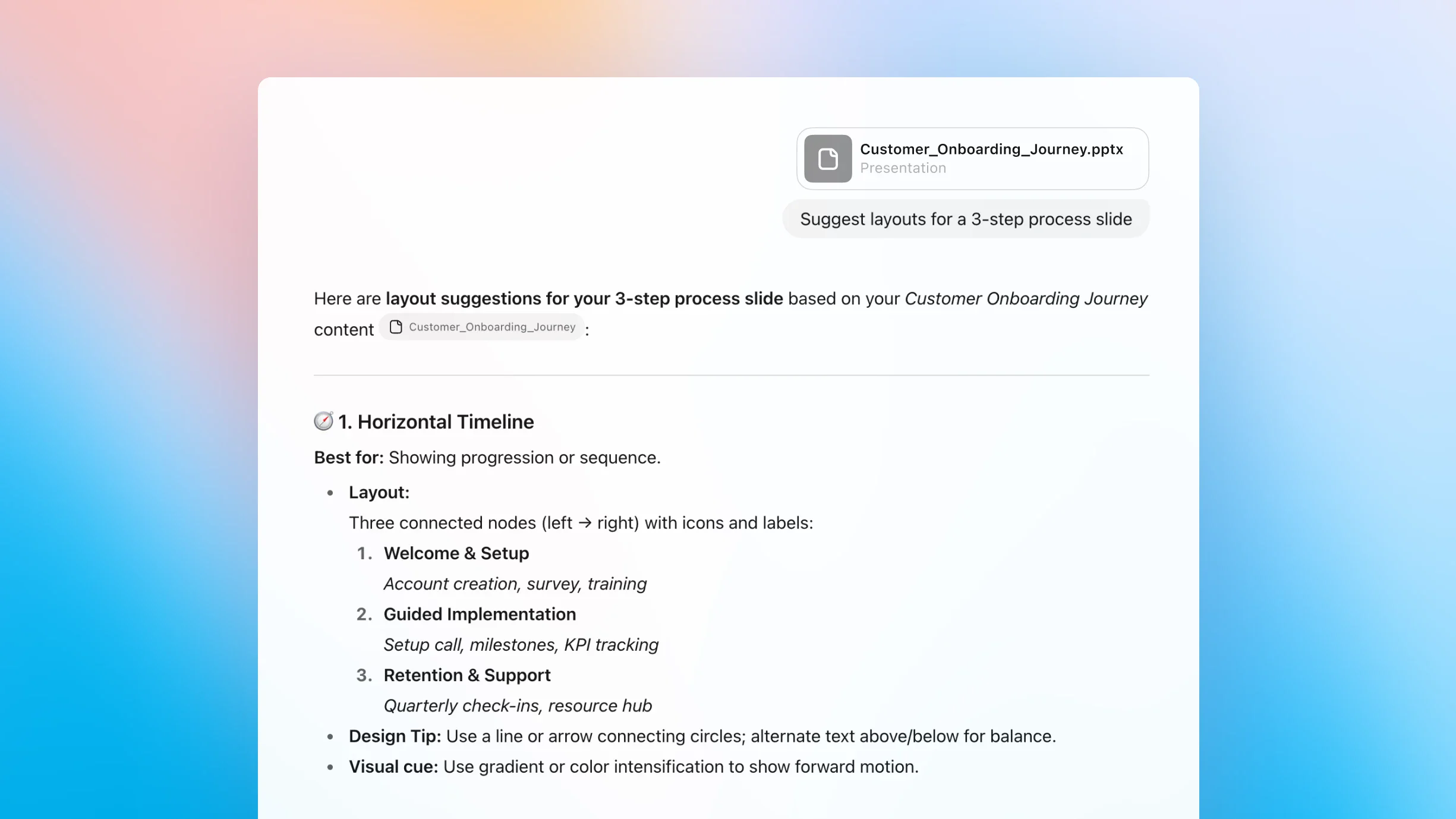 ZeroTwo AI | AI agent platform | A Notion page shows a response to the prompt “Here’s my pitch deck — can you help me create a sum-up slide?” for the file Pitch_Deck.pptx. The assistant provides a closing slide titled “Smarter Collaboration. Real Impact.” It summarizes key pitch points including the problem of tool overload, a unified AI-powered solution, traction with 200+ customers and $1.5M ARR, a $12B market growing at 15% annually, a SaaS freemium business model, a $2M seed funding ask, and a vision to improve remote collaboration. The assistant offers to visually design the slide or integrate it into the deck.