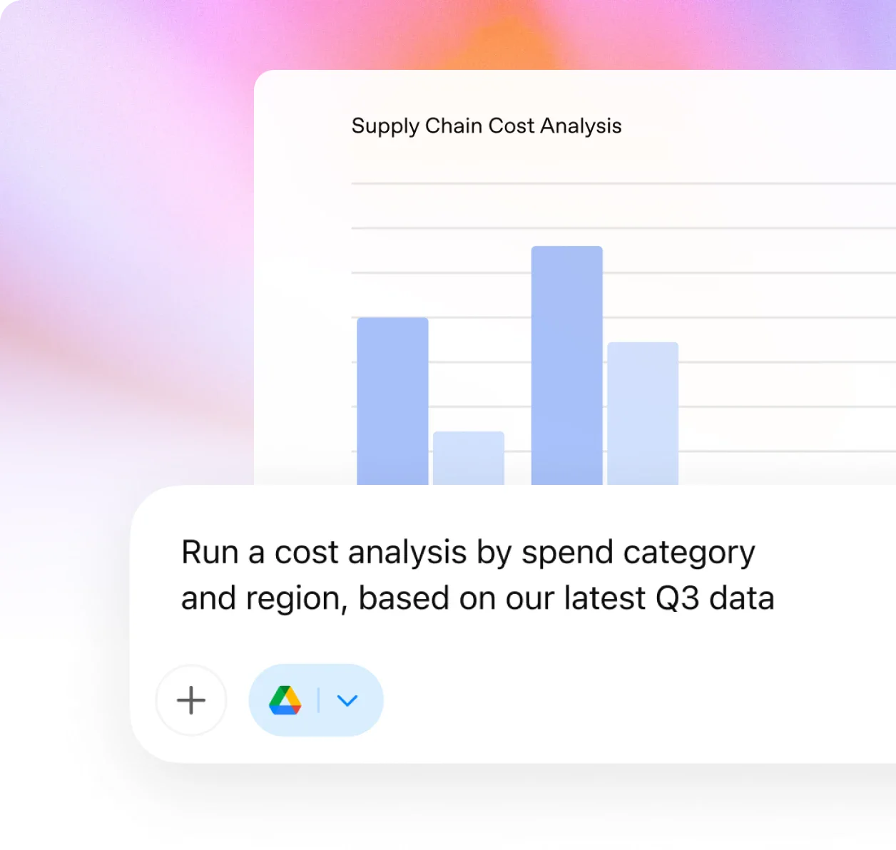 ZeroTwo AI | AI agent platform | Chat interface on a blue gradient background showing a user prompt that says, Help me analyze these Q4 financial reports, with an attached file labeled financial_report.csv