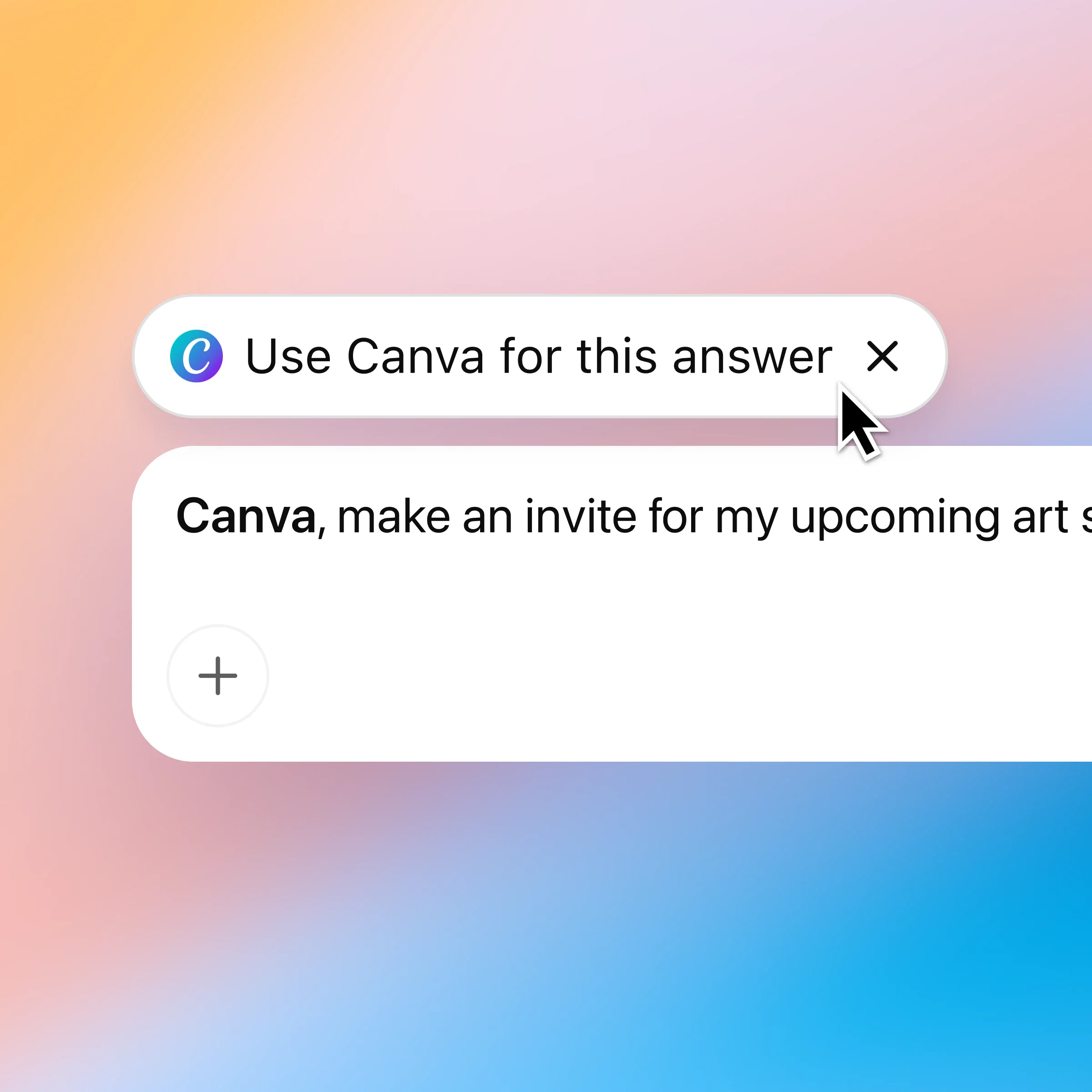 ZeroTwo AI | AI agent platform | ZeroTwo UI showing a floating "Use Canva for this answer" pill with a cursor hovering to route the current request to the Canva app. The element indicates that subsequent prompts will be handled by Canva inside ZeroTwo.