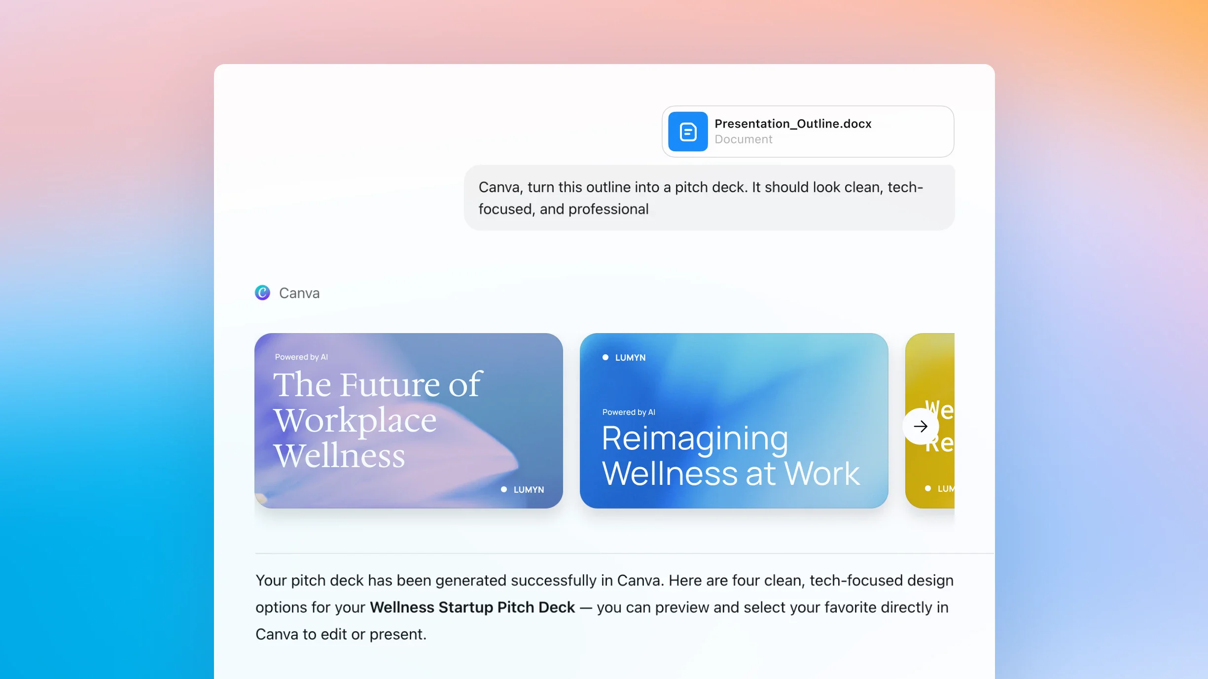 ZeroTwo AI | AI agent platform | ZeroTwo UI displaying the user asking the Canva app to generate a clean, tech-focused pitch deck from an attached outline document. Canva responds with several polished presentation theme options as slide previews within the conversation.