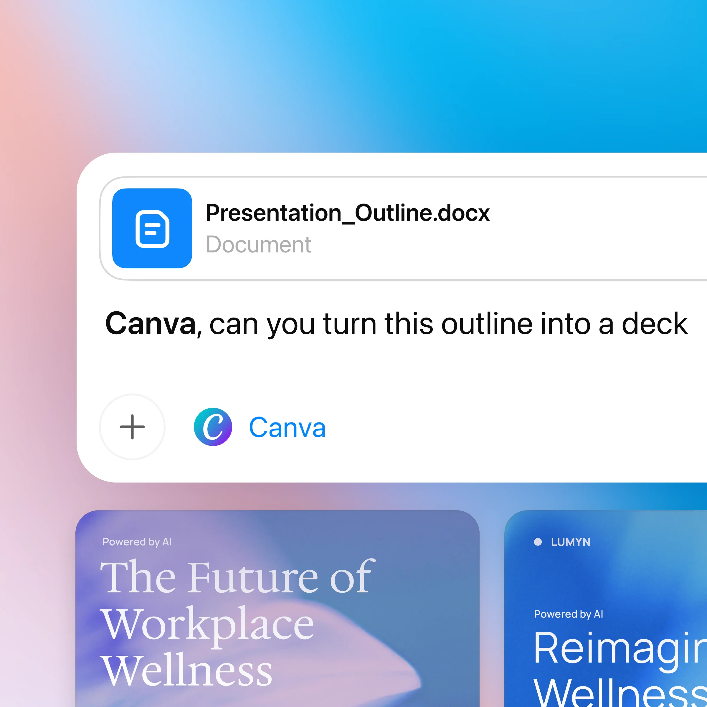 ZeroTwo AI | AI agent platform | ZeroTwo UI displaying the user asking the Canva app to turn a document outline into a pitch deck. Below the prompt, Canva returns several tech-styled slide previews directly in the chat.