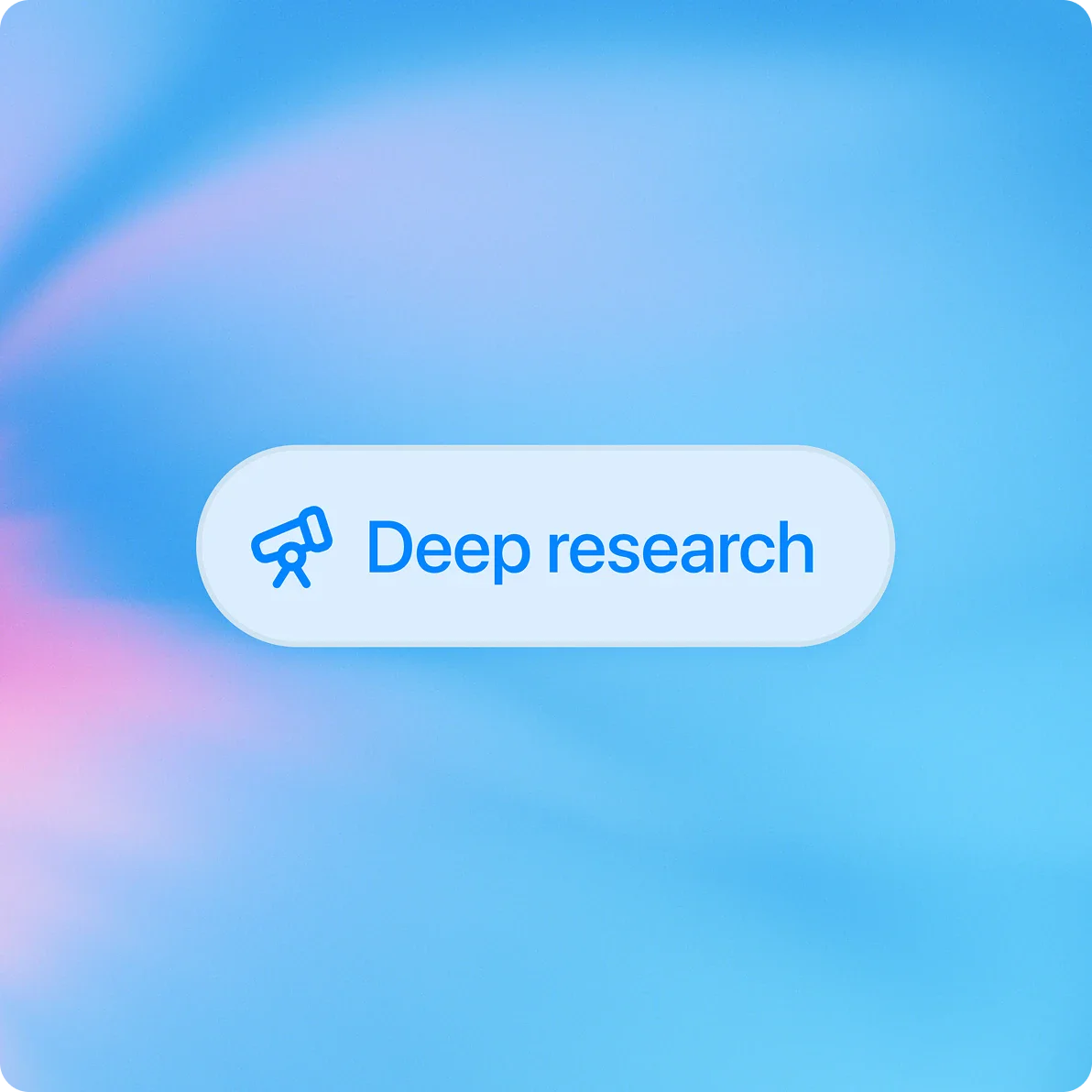 ZeroTwo AI | AI agent platform | A rounded rectangular button labeled "Deep research" with a telescope icon on the left. The text and icon are in blue, set against a soft gradient background of light blue and pink tones.
