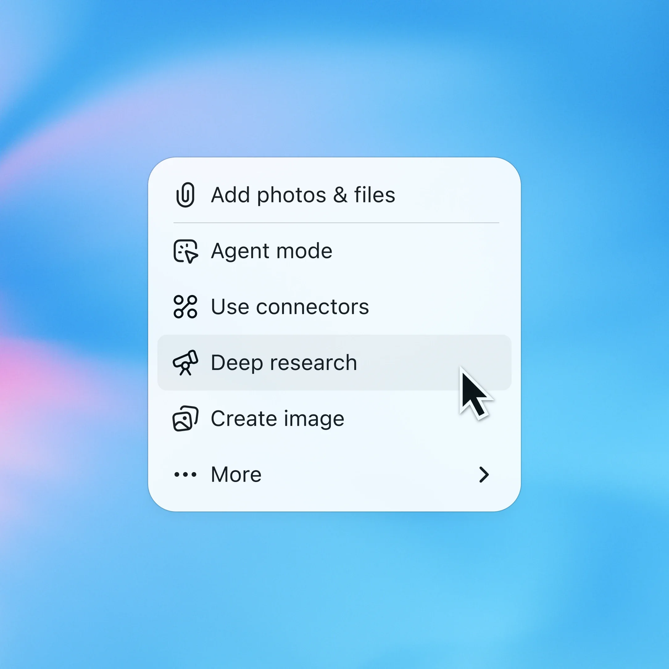 ZeroTwo AI | AI agent platform | A dropdown action menu with a pointer selecting "Run deep research." Other options include AI Agent mode, Use connectors, Create an image, Write or code, and Search the webβall over a soft gradient background.
