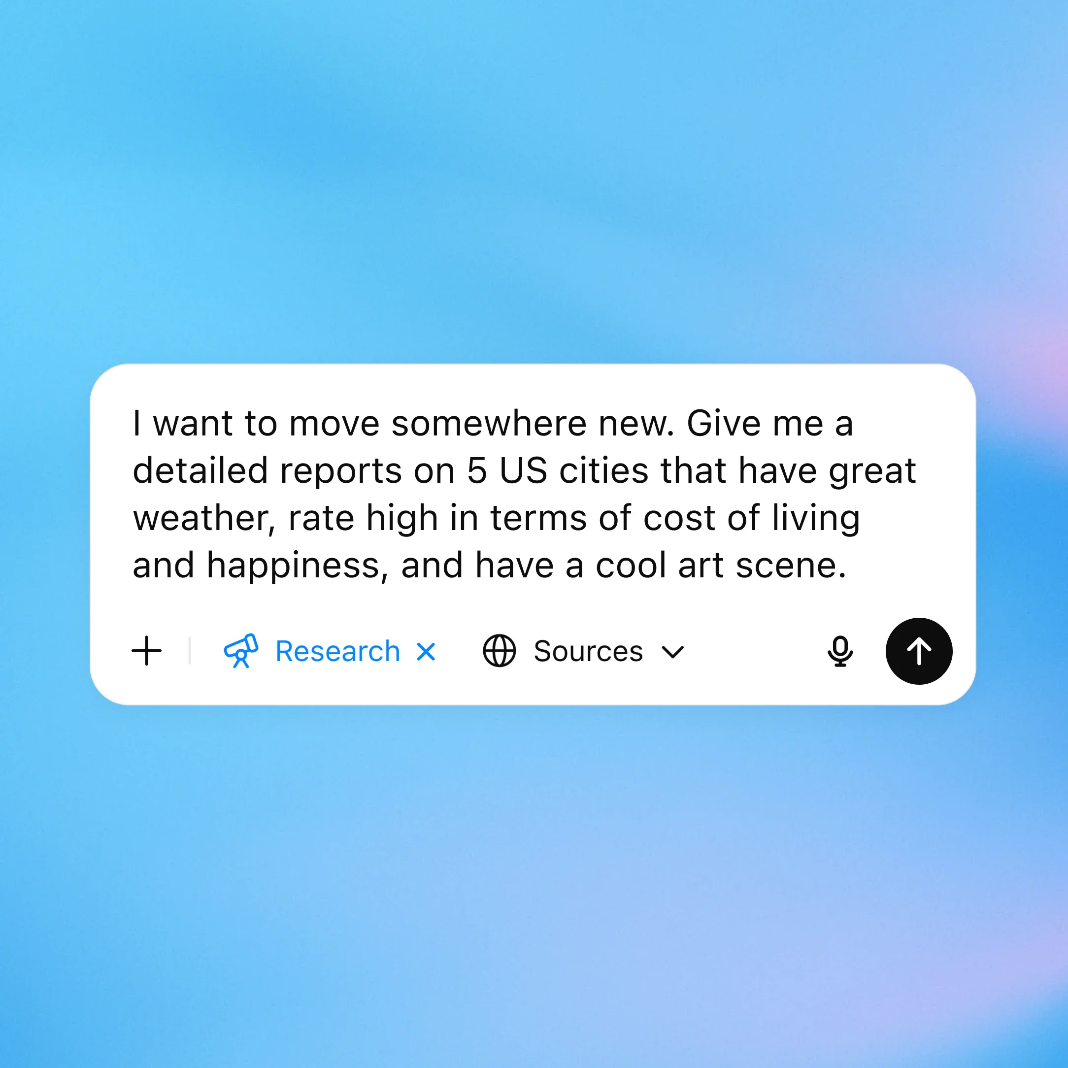 ZeroTwo AI | AI agent platform | A chat input box with the message: "I want to move somewhere new. Give me a detailed report on 5 US cities that have great weather, rate high in terms of cost of living and happiness, and have a cool art scene." The prompt is tagged with "Research" and "Sources" tools.