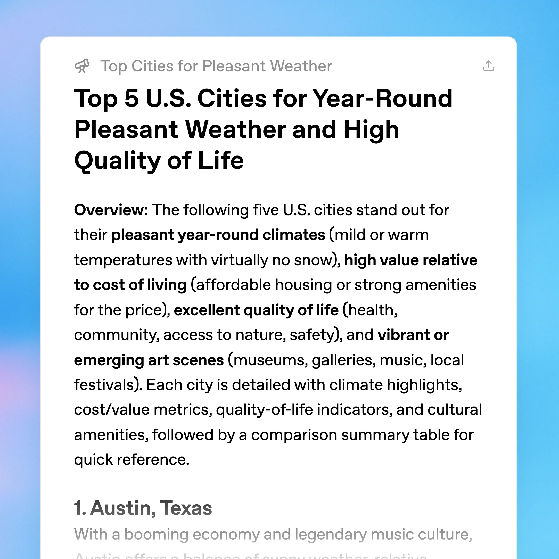 ZeroTwo AI | AI agent platform | A results panel titled "Top 5 U.S. Cities for Year-Round Pleasant Weather and High Quality of Life," featuring an overview of criteria like climate, cost of living, quality of life, and art scenes. The first city listed is Austin, Texas.