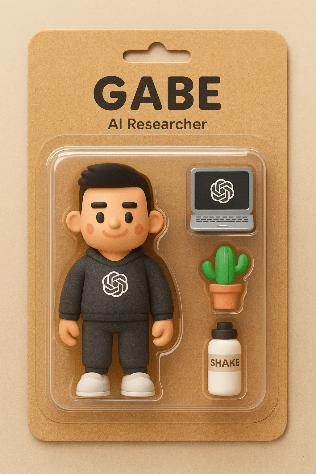 ZeroTwo AI | AI agent platform | A toy-style action figure package labeled "GABE – AI Researcher." It contains a cartoonish figure wearing a dark outfit with the OpenAI logo, alongside three accessories: a laptop with the OpenAI logo, a small potted cactus, and a bottle labeled "SHAKE."