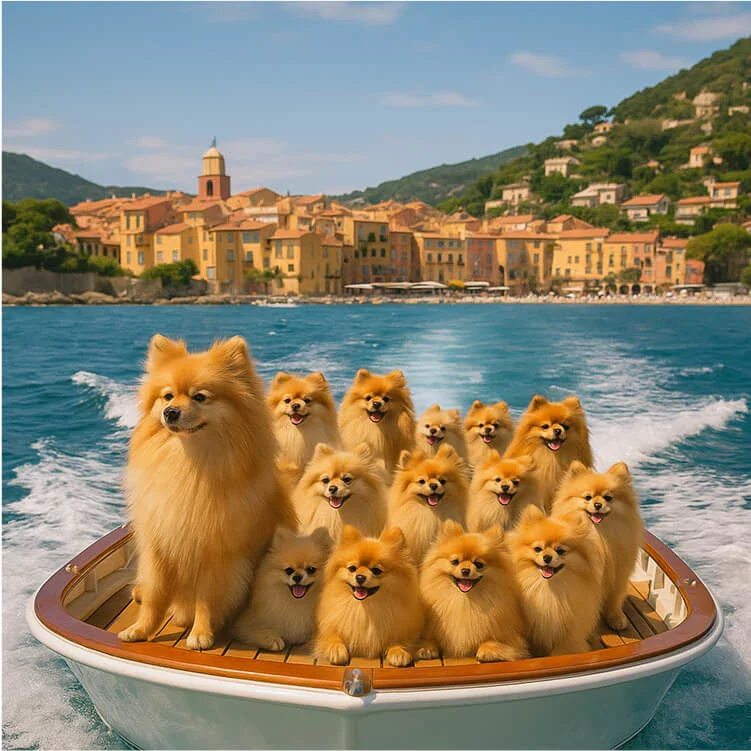 ZeroTwo AI | AI agent platform | A group of fluffy Pomeranian dogs sitting cheerfully on a small boat cruising across the water, with a picturesque coastal village and green hills in the background.