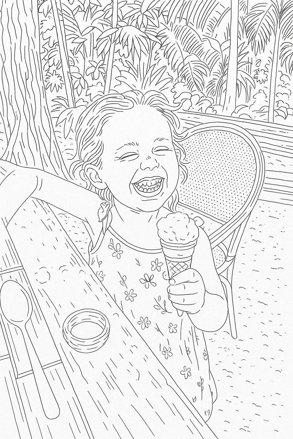 ZeroTwo AI | AI agent platform | Line drawing of a child eating an ice cream cone, in the style of a coloring book that hasn't been colored yet
