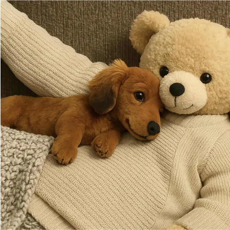 ZeroTwo AI | AI agent platform | A small brown puppy cuddled up against a plush teddy bear wearing a cream sweater. Both are lying on a cozy knit blanket and soft couch, creating a warm and comforting scene.
