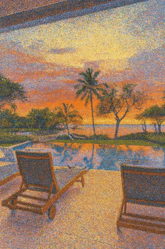 ZeroTwo AI | AI agent platform | Pointillist-style image of a tropical sunset view from a patio, featuring two lounge chairs facing a calm pool that reflects palm trees and a vivid orange and purple sky.