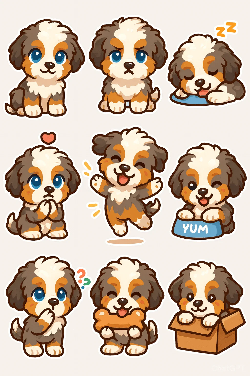 ZeroTwo AI | AI agent platform | A sticker sheet of cartoon-style tricolor puppies in various poses and expressions—happy, sleepy, surprised, and playful—featuring blue eyes, fluffy fur, and accessories like a food bowl, heart, bone, and cardboard box.