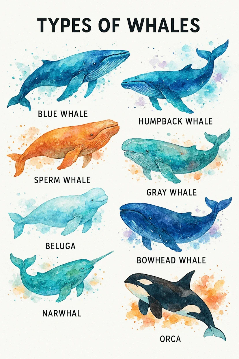 ZeroTwo AI | AI agent platform | Illustrated poster titled "Types of Whales" showing watercolor-style drawings of eight whale species: blue whale, humpback whale, sperm whale, gray whale, beluga, bowhead whale, narwhal, and orca. Each whale is labeled with its name and depicted in a unique color with splatter-style background accents.