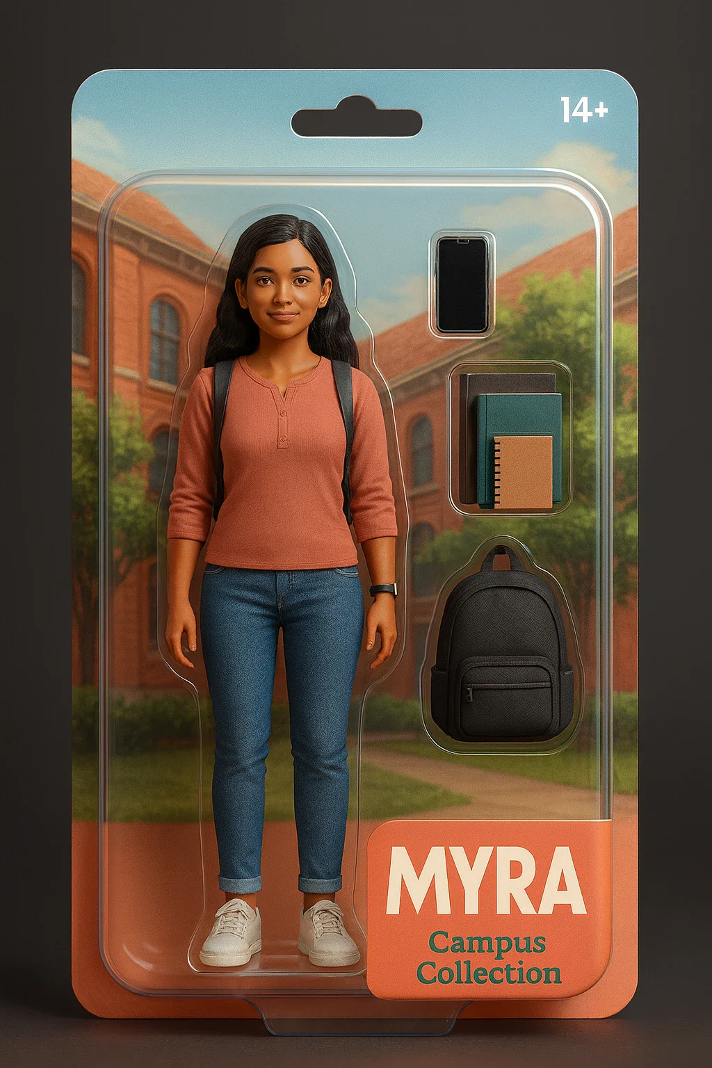 ZeroTwo AI | AI agent platform | Packaging mock-up for an action figure named "Myra" from the "Campus Collection." The figure comes with accessories like a backpack, phone, and notebooks, and is set against a college campus background.