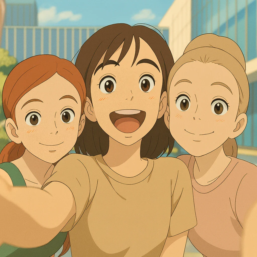 ZeroTwo AI | AI agent platform | Anime-style illustration of three smiling girls taking a selfie outdoors on a sunny day. The characters have expressive eyes and soft, pastel-toned shading typical of slice-of-life anime.