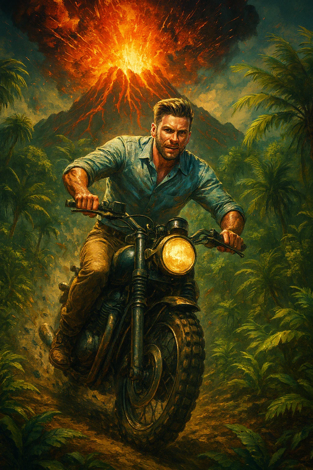 ZeroTwo AI | AI agent platform | Dramatic illustration of a man riding a motorcycle through a jungle as a volcano erupts behind him, with lava and smoke filling the sky. The scene evokes a cinematic adventure movie style.