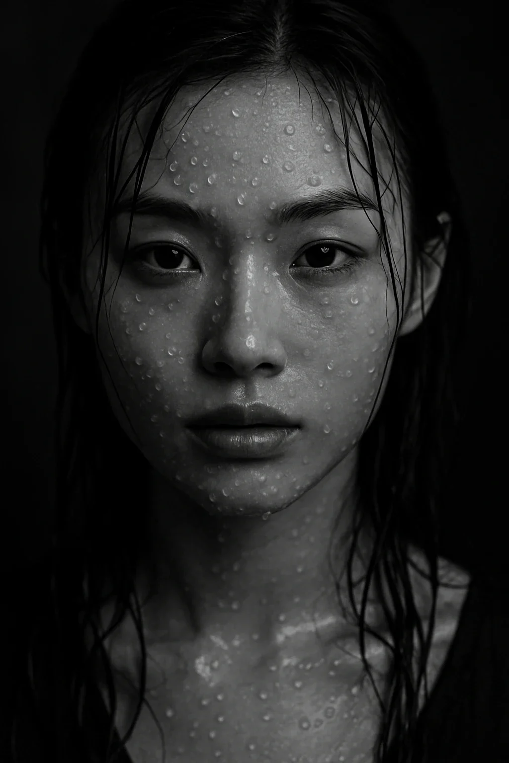 ZeroTwo AI | AI agent platform | Striking black-and-white portrait of a woman's face covered in large water droplets. The dramatic lighting and detailed texture give the image a powerful, introspective mood.