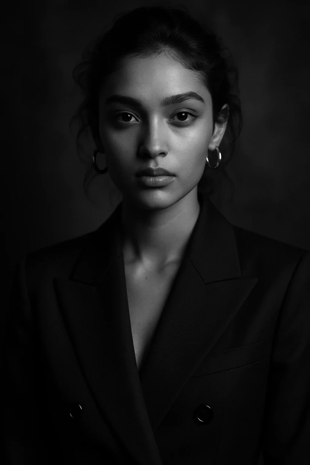 ZeroTwo AI | AI agent platform | Black-and-white studio portrait of a young woman wearing a dark blazer and hoop earrings. She looks directly at the camera with a calm, confident expression, lit by soft, dramatic lighting against a dark background.