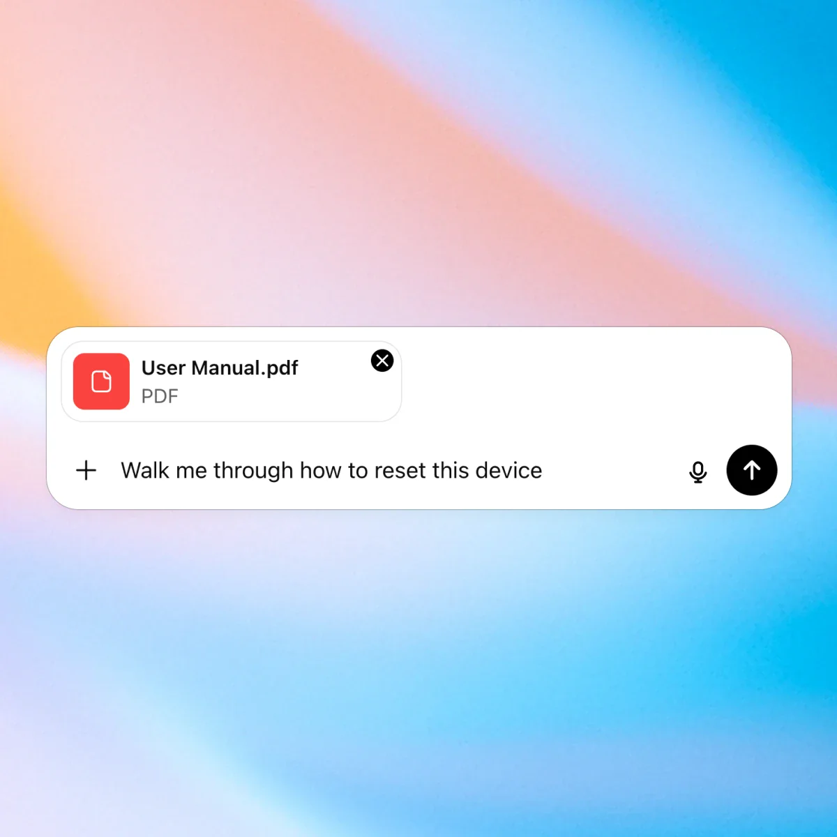 ZeroTwo AI | A file named 'User Manual.pdf' is uploaded into a ZeroTwo chat, paired with the typed prompt, 'Walk me through how to reset this device.' The interface is ready to submit the request for document-based assistance.