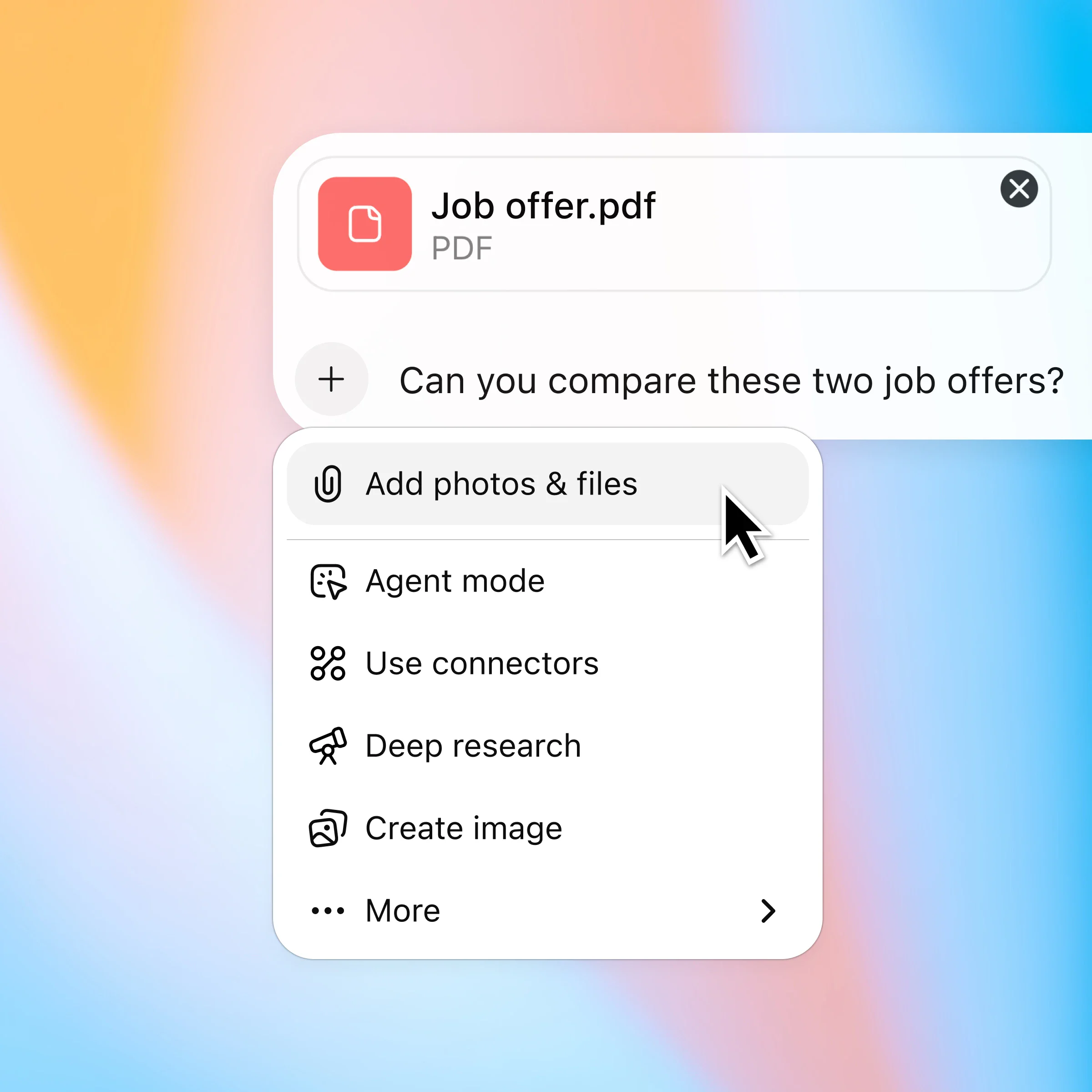 ZeroTwo AI | AI agent platform | A chat interface with ZeroTwo showing an uploaded PDF file named 'Job offer.pdf' and a user prompt asking, 'Can you compare these two job offers?' A dropdown menu is open with the cursor hovering over 'Add photos & files,' alongside options like AI Agent mode, Use connectors, and Deep research.