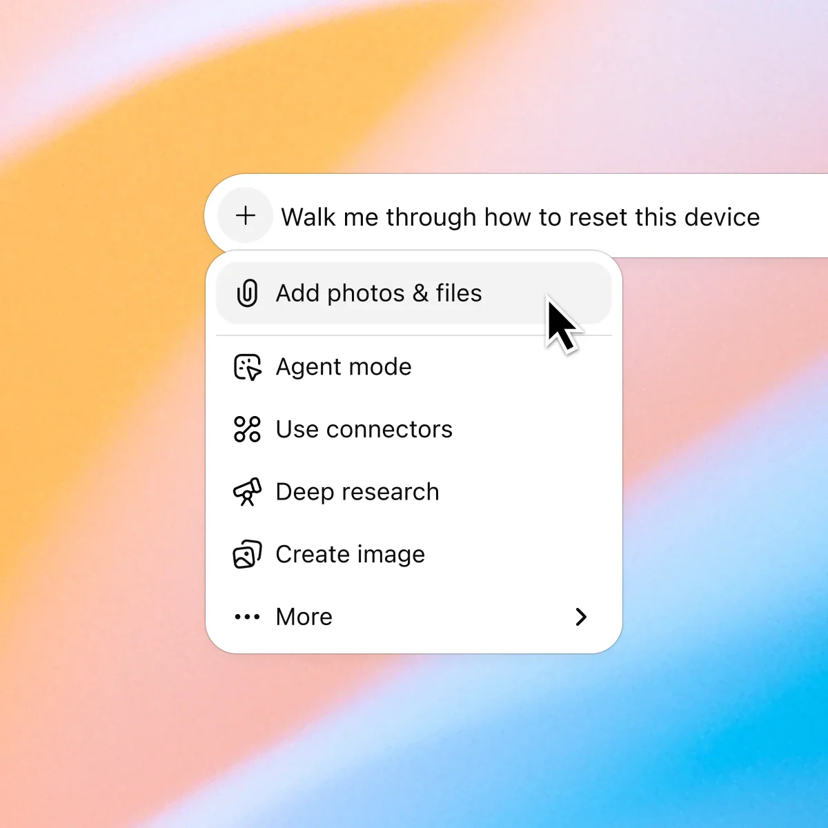 ZeroTwo AI | A prompt typed into ZeroTwo saying, 'Walk me through how to reset this device,' with a dropdown menu open. A cursor highlights the option to 'Add photos & files' among other tool options like AI Agent mode, Use apps, and Deep research.