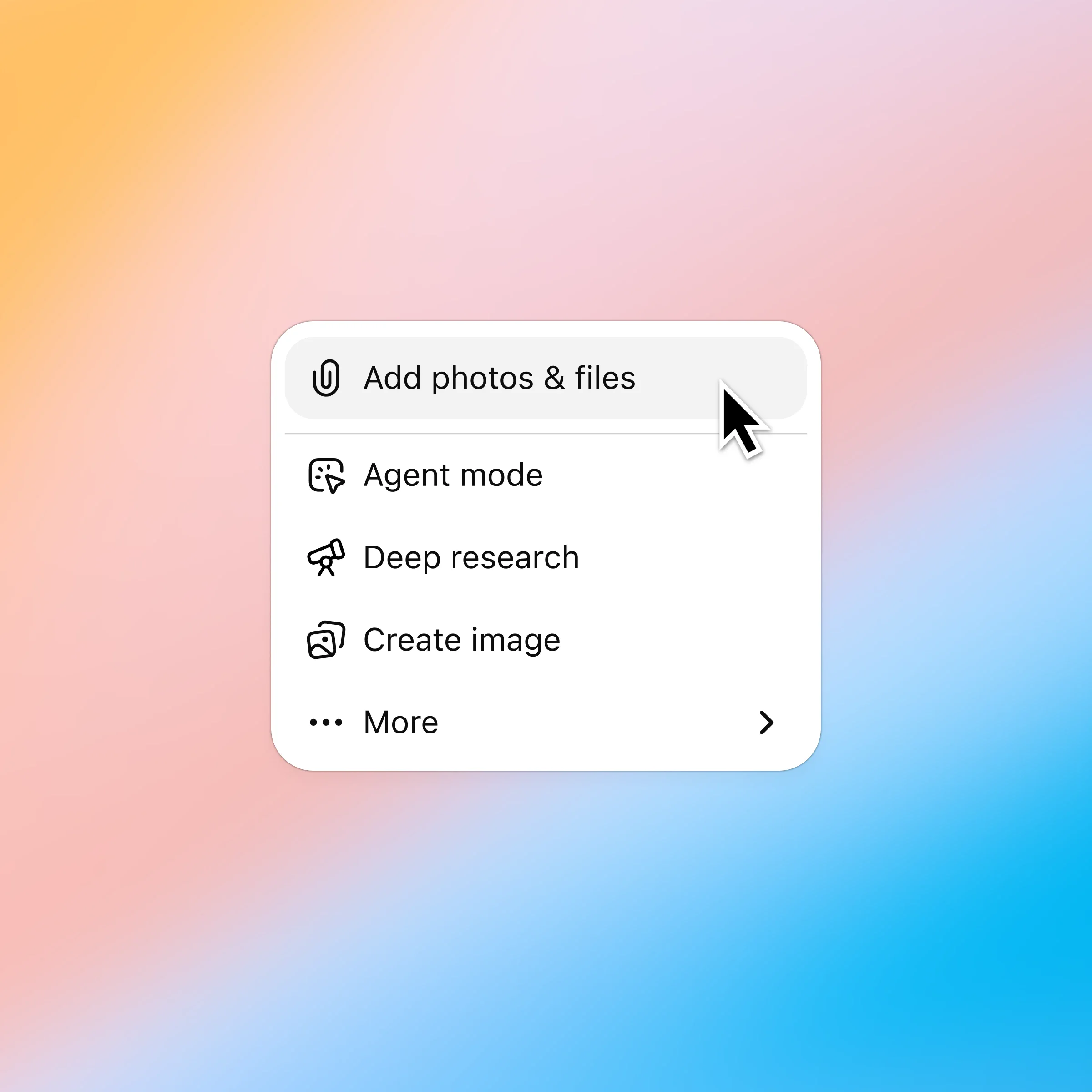 ZeroTwo AI | AI agent platform | A dropdown menu interface is shown with a cursor hovering over the “Add photos & files” option, which is highlighted in gray. The menu also includes options for AI Agent mode, Deep research, Create image, and More. The background features a soft gradient blend of orange, pink, and blue tones, giving the interface a clean and visually appealing appearance.