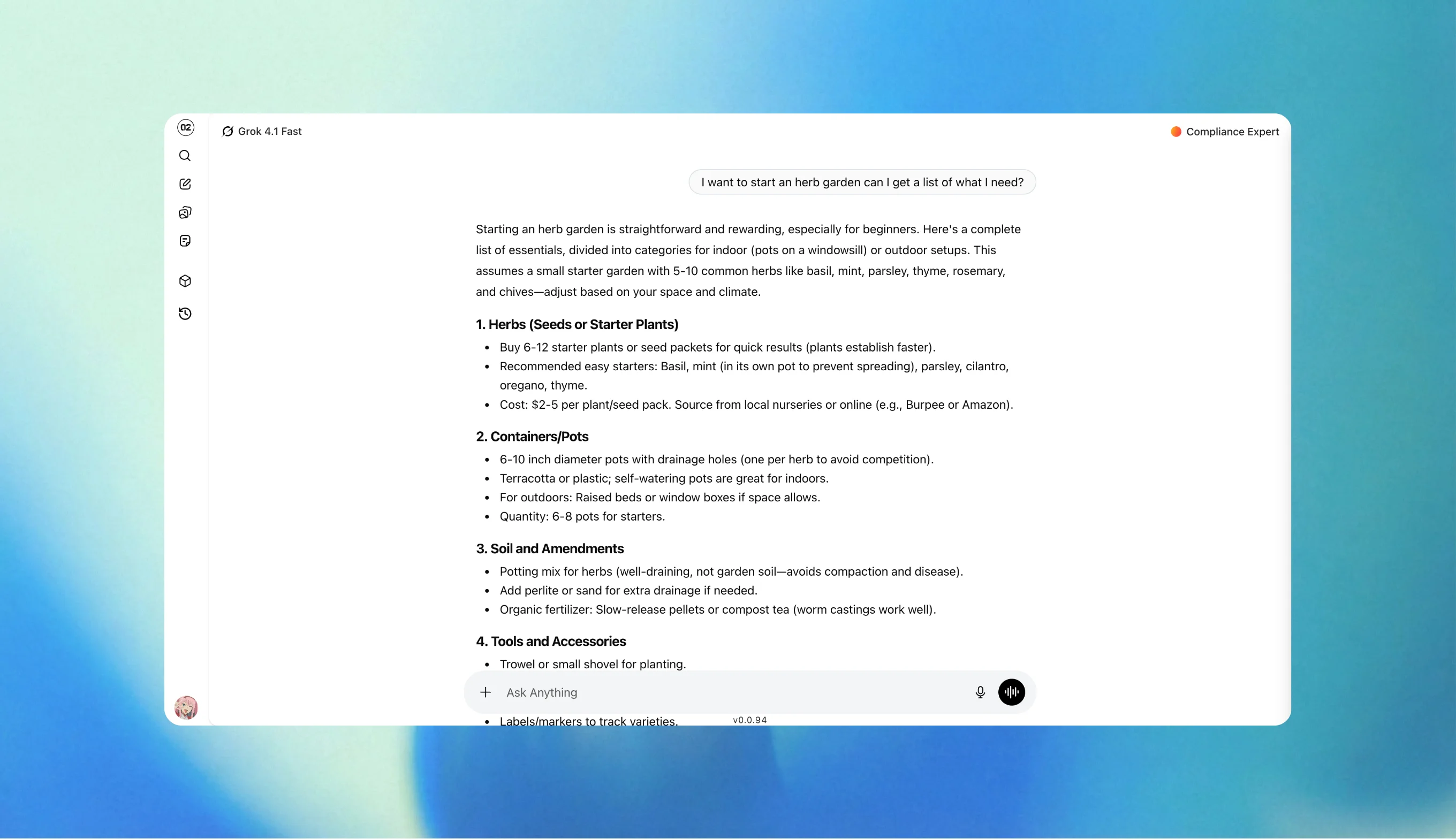ZeroTwo AI | AI agent platform | A conversation between a user and ZeroTwo on an interface about gathering a list of things needed to start a herb garden.