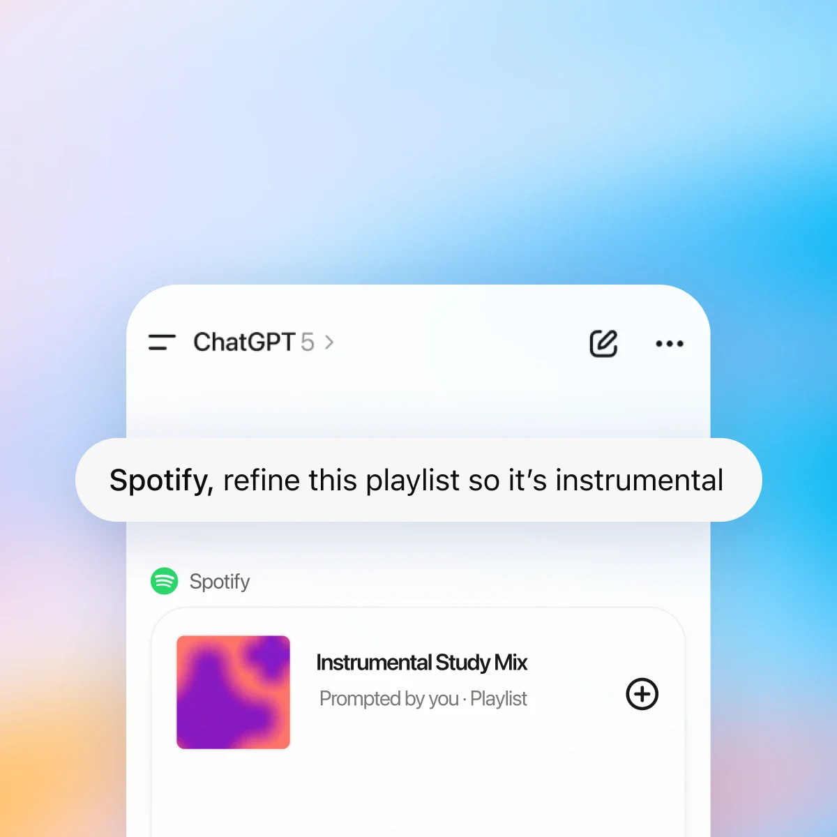 ZeroTwo AI | AI agent platform | A ZeroTwo interface showing a user message that says 'Spotify, refine this playlist so it's instrumental,' with a Spotify card below titled 'Instrumental Study Mix.' The background is a gradient of soft blue and pink tones.