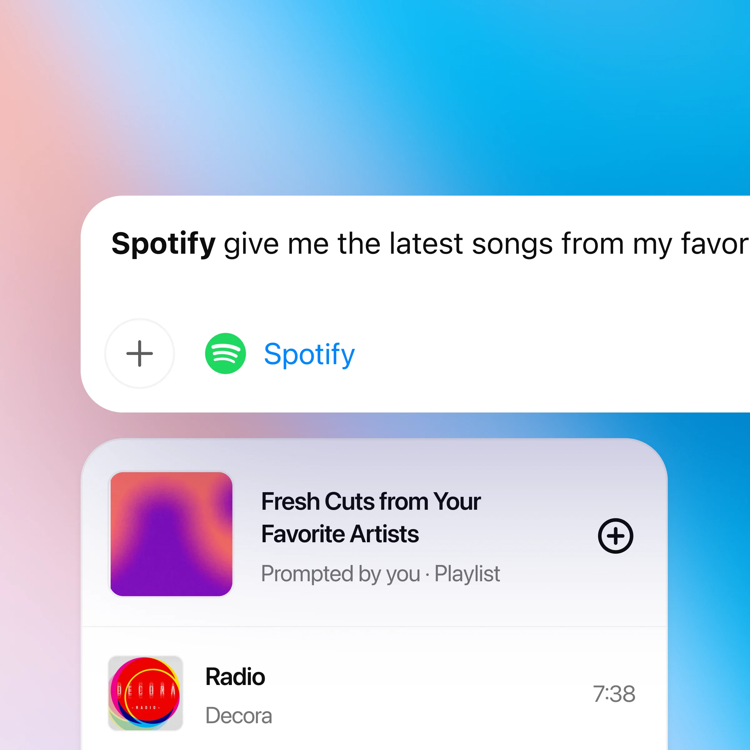 ZeroTwo AI | AI agent platform | ZeroTwo interface showing a user prompt: 'Spotify, give me the latest songs from my favorite artists.' Below is a Spotify card titled 'Fresh Cuts from Your Favorite Artists,' featuring the song 'Radio' by Decora. The background is a soft gradient of pink, orange, and blue.