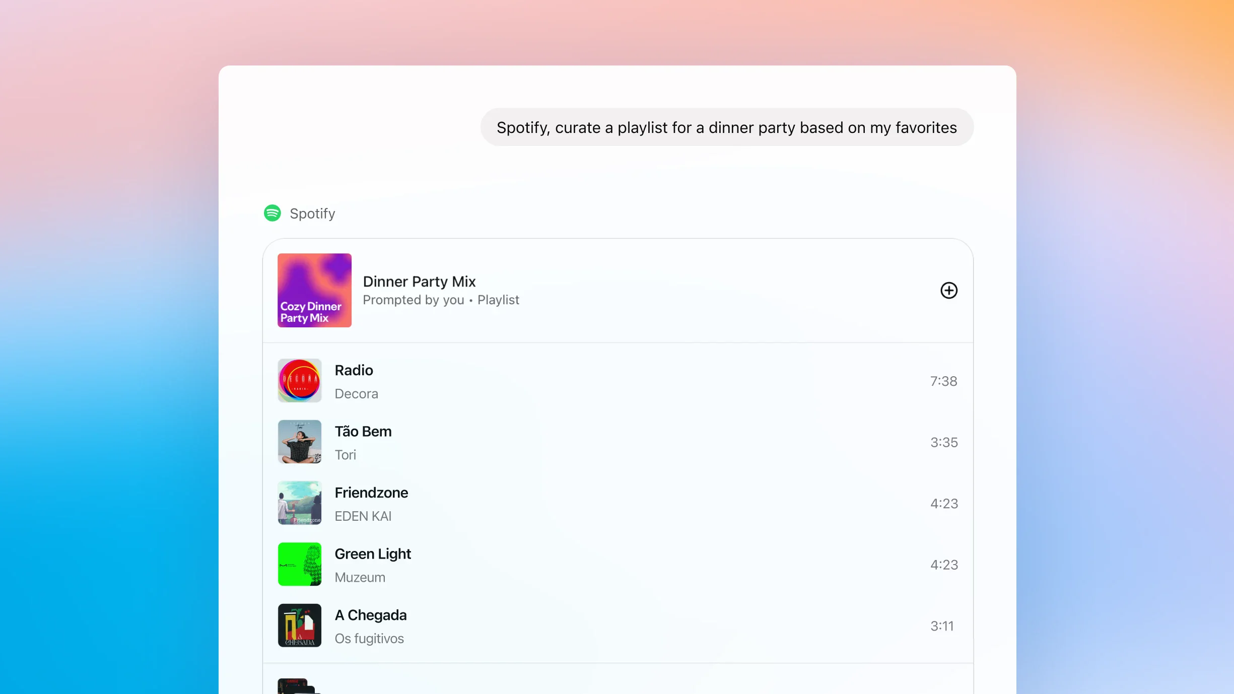 ZeroTwo AI | AI agent platform | A ZeroTwo interface showing a user message: 'Spotify, curate a playlist for a dinner party based on my favorites.' Below is a Spotify card titled 'Dinner Party Mix,' featuring songs by Billie Holiday, Laufey, The Marías, Corinne Bailey Rae, and Olivia Dean.