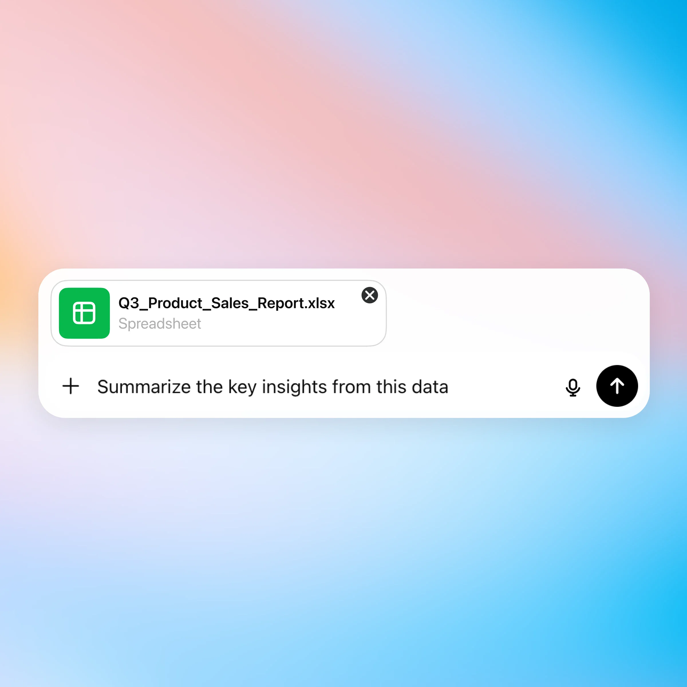 ZeroTwo AI | AI agent platform | An interface screenshot shows a user uploading a spreadsheet titled Q3_Product_Sales_Report.xlsx. The file tile includes a green spreadsheet icon, the file name, and a close button. Below it, the user has typed a prompt into the input bar that reads "Summarize the key insights from this data." A microphone icon and an upward arrow button appear to the right of the prompt box, indicating it is ready to send. The background is a soft pastel gradient blending pink, purple, and blue.