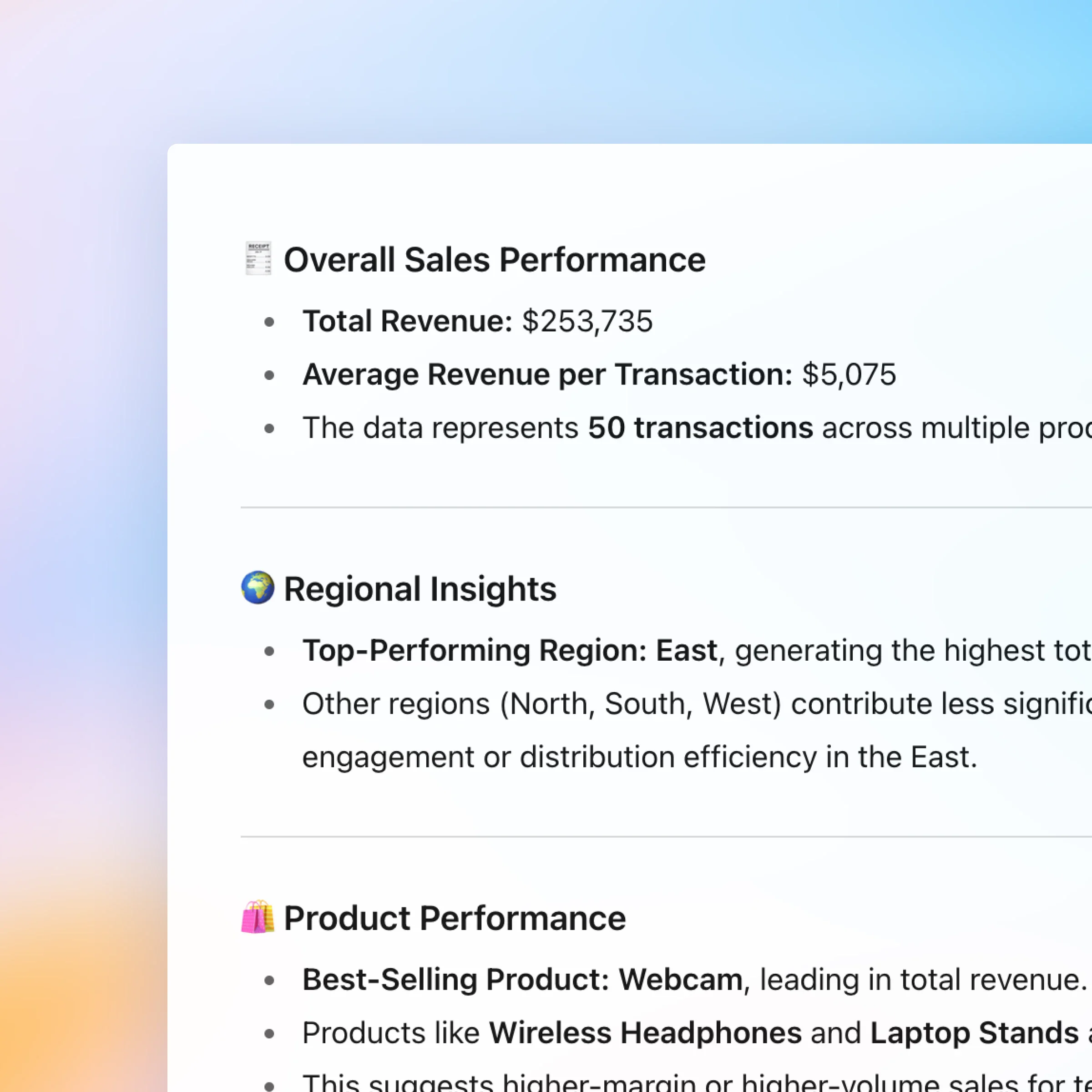 ZeroTwo AI | AI agent platform | A visual summary displays key sales insights organized into three sections. The "Overall Sales Performance" section reports total revenue of $253,735, an average revenue per transaction of $5,075, and a total of 50 transactions. The "Regional Insights" section highlights the East region as the top performer, contributing the highest revenue, while other regions (North, South, West) show less engagement or efficiency. The "Product Performance" section identifies Webcam as the best-selling product, with notable contributions from Wireless Headphones and Laptop Stands, suggesting strong sales from higher-margin or high-volume items.