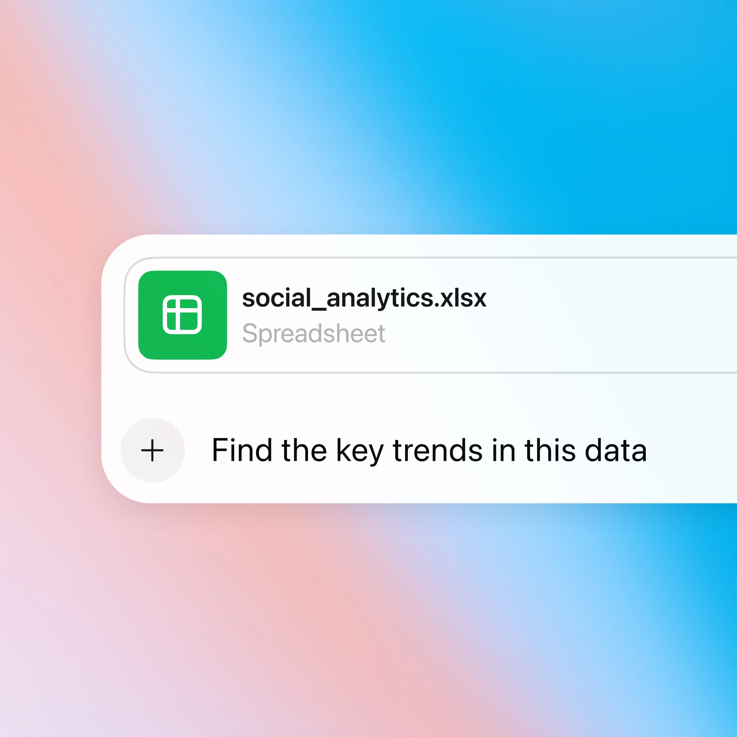 ZeroTwo AI | AI agent platform | Interface showing a spreadsheet file named "social_analytics.xlsx" with a user prompt below it reading "Find the key trends in this data," on a soft pink and blue gradient background.