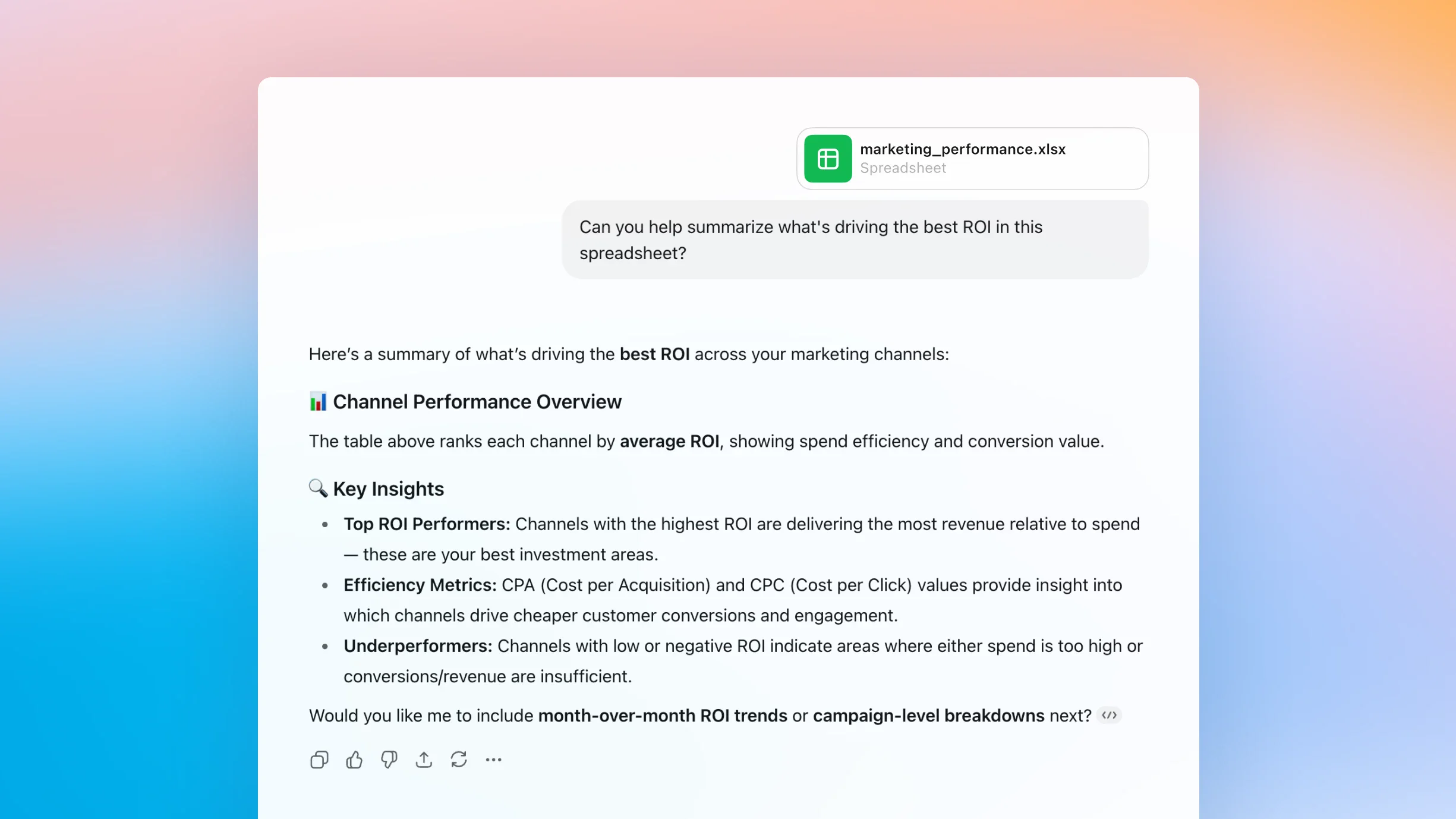 ZeroTwo AI | AI agent platform | A Notion page summarizing what's driving the best ROI in a spreadsheet called marketing_performance.xlsx. The user asks for help identifying what's behind top ROI. The response includes a "Channel Performance Overview" section, explaining that channels are ranked by average ROI, showing efficiency and conversion value. It highlights that top performers generate high revenue per dollar spent, CPA and CPC reveal cost efficiency, and underperformers have low or negative ROI due to poor returns or high spend. A follow-up prompt asks if month-over-month trends or campaign-level breakdowns should be included next.