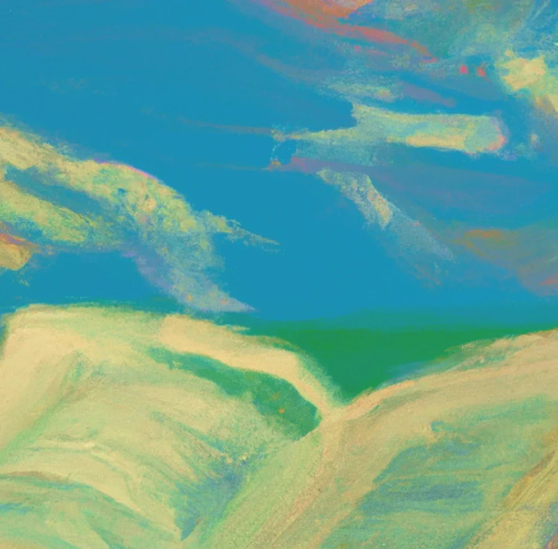 ZeroTwo AI | AI agent platform | An abstract painting featuring a vibrant blue sky with wispy clouds above soft, flowing green and cream shapes. The colors and textures evoke a serene, natural landscape, reminiscent of fields or hills under a bright, open sky.