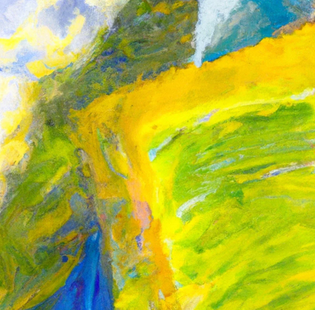 ZeroTwo AI | AI agent platform | An abstract artwork with bold, vibrant colors of yellow, green, and blue. The sweeping brushstrokes suggest a dynamic landscape, possibly fields or hills under a bright sky, with a sense of movement and depth.