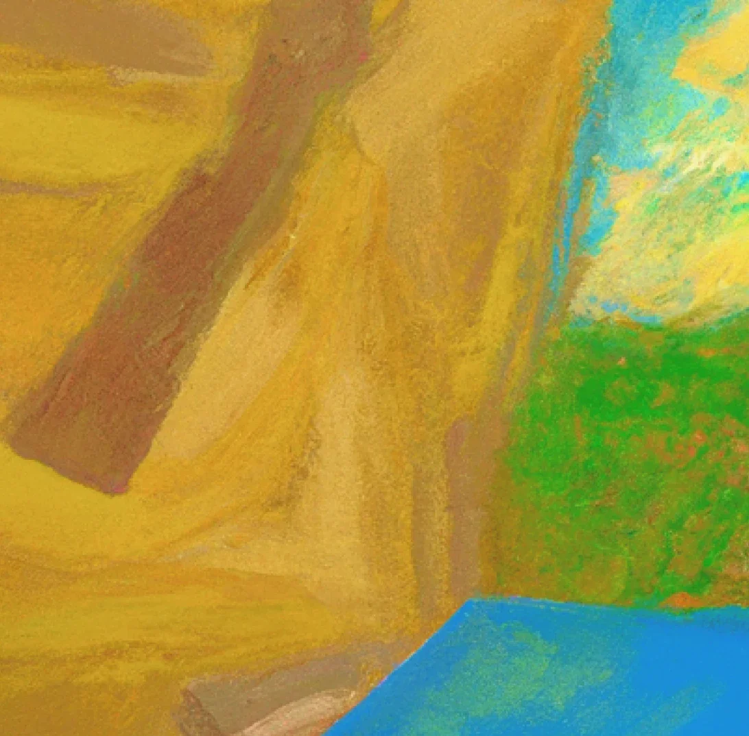 ZeroTwo AI | AI agent platform | An abstract painting with earthy tones of yellow and brown, accented by a bright patch of green and a blue area, possibly evoking a window or landscape view. The colors and shapes create a warm, grounded feeling with hints of nature and sky.