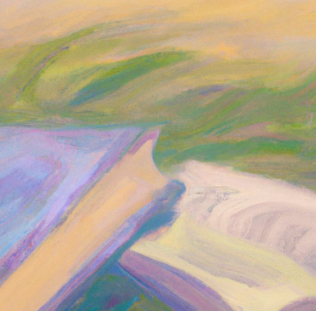 ZeroTwo AI | AI agent platform | An abstract painting with flowing strokes in soft hues of green, lavender, peach, and cream. The colors blend in layers, evoking an impression of an open book or landscape, with a calm, natural atmosphere.