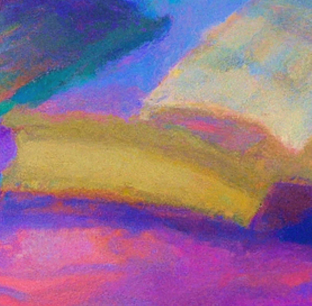 ZeroTwo AI | AI agent platform | An abstract composition featuring rich hues of purple, blue, gold, and pink. The brushstrokes layer and blend in a way that suggests textured shapes, evoking the feel of a dreamy landscape or a book lying open against a colorful backdrop.
