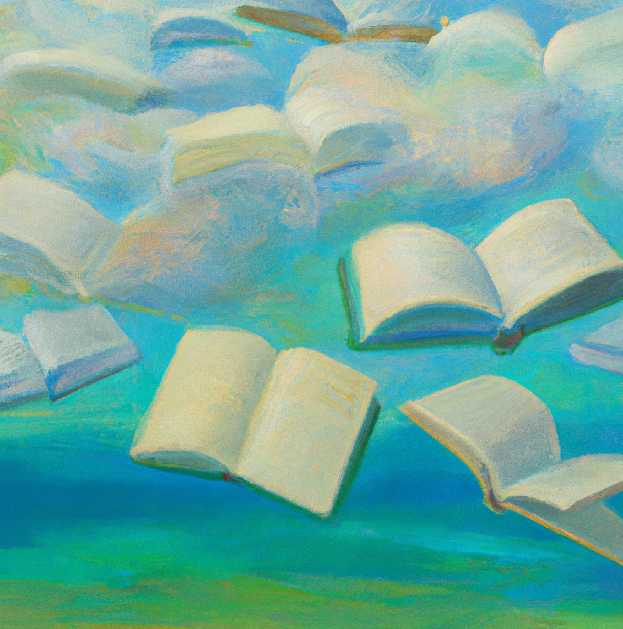 ZeroTwo AI | AI agent platform | An abstract scene of open books floating against a dreamy, cloud-like background in shades of blue and green. The books appear to be drifting through the sky, evoking a sense of imagination and freedom in learning or storytelling.