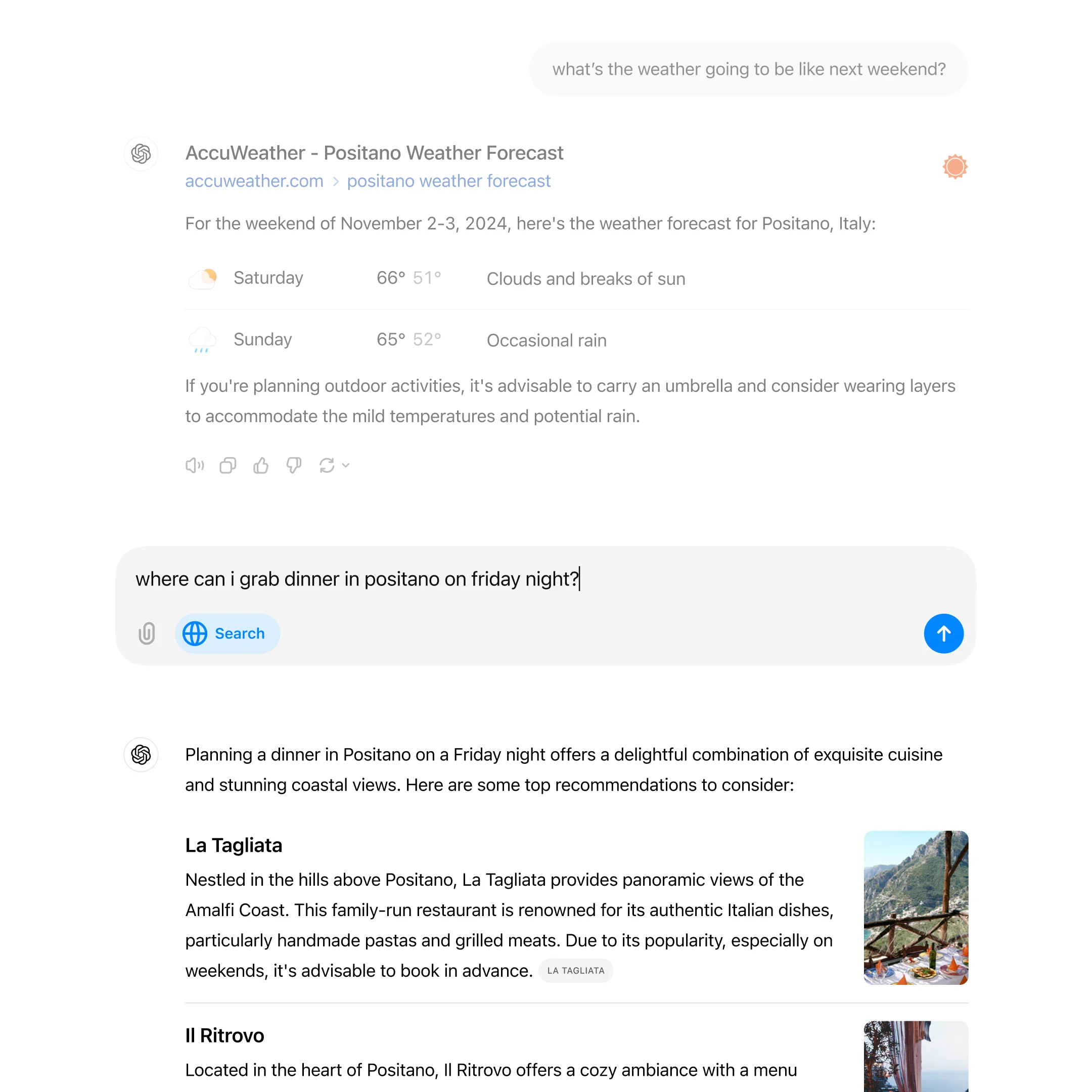 ZeroTwo AI | AI agent platform | A conversation about the weather forecast for Positano, Italy, on November 2-3, 2024, showing mild temperatures and rain. The user then asks for dinner recommendations in Positano on Friday night, with responses listing local restaurants.