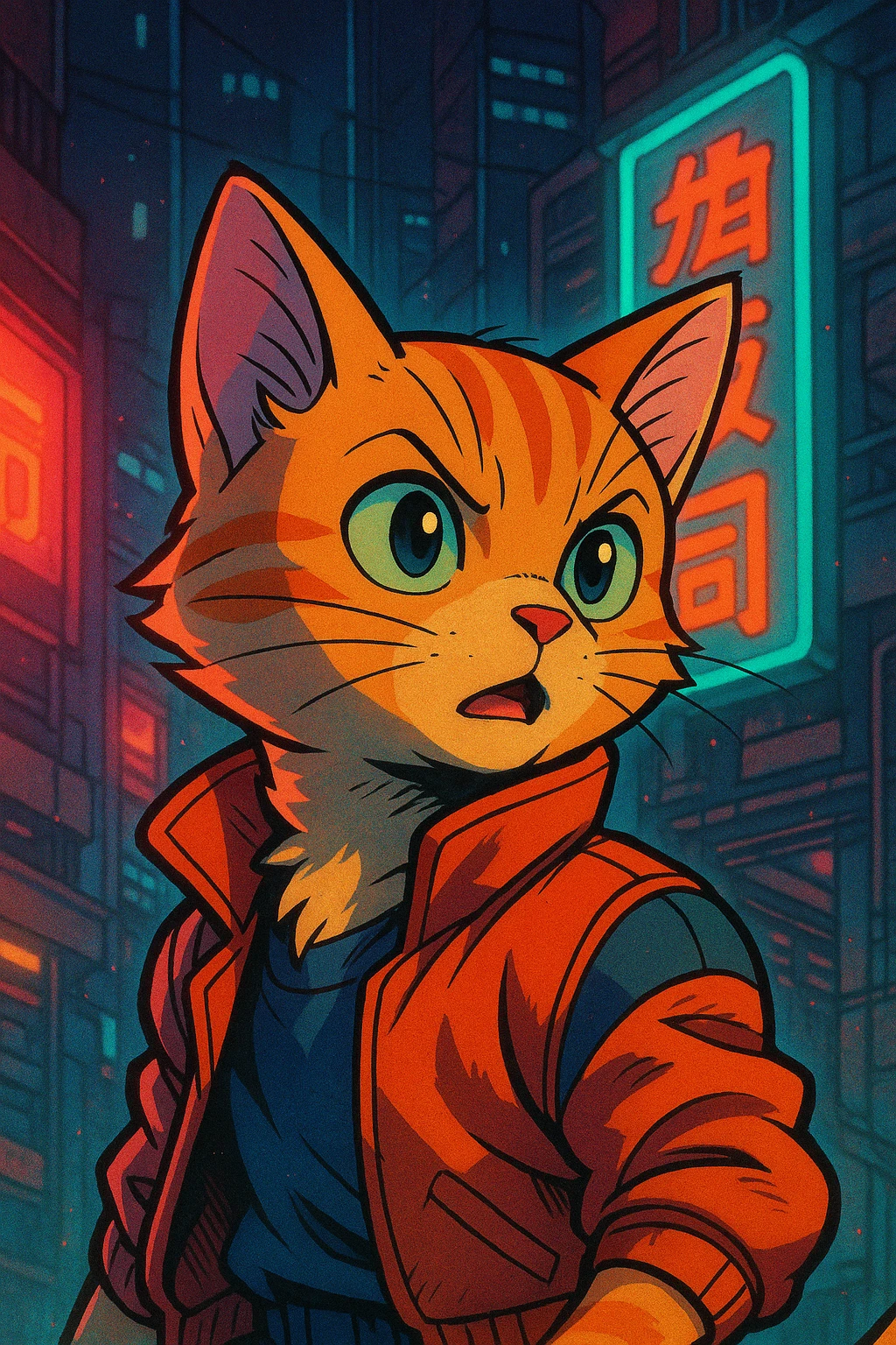 Cyberpunk character concept design in cel-shaded anime style
