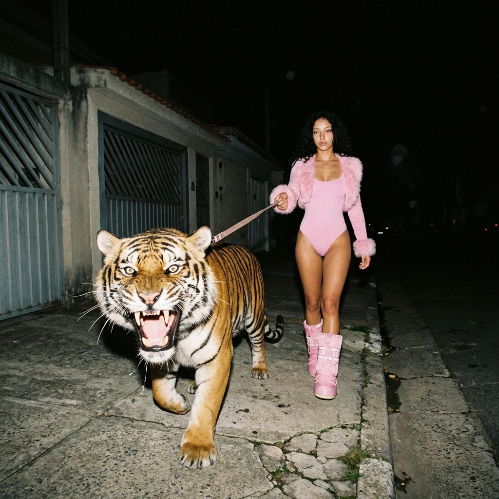 AI-generated image of a woman walking a tiger