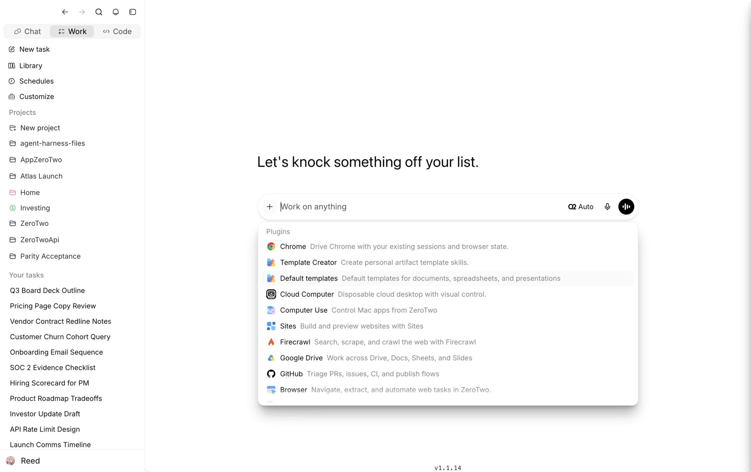 ZeroTwo Work workspace with projects and the plugin picker open