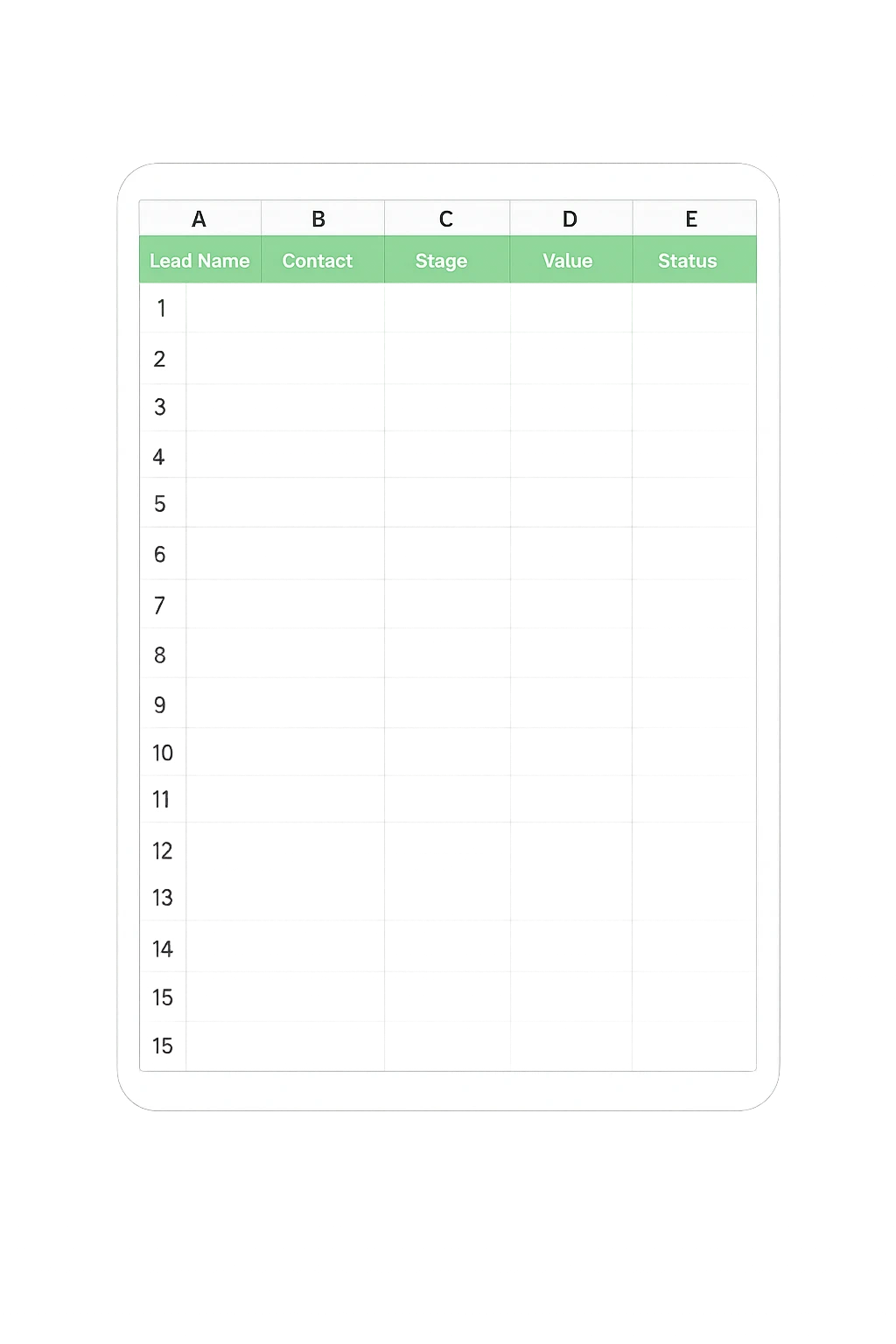Spreadsheet with Lead Name, Contact, Stage, Value, Status columns