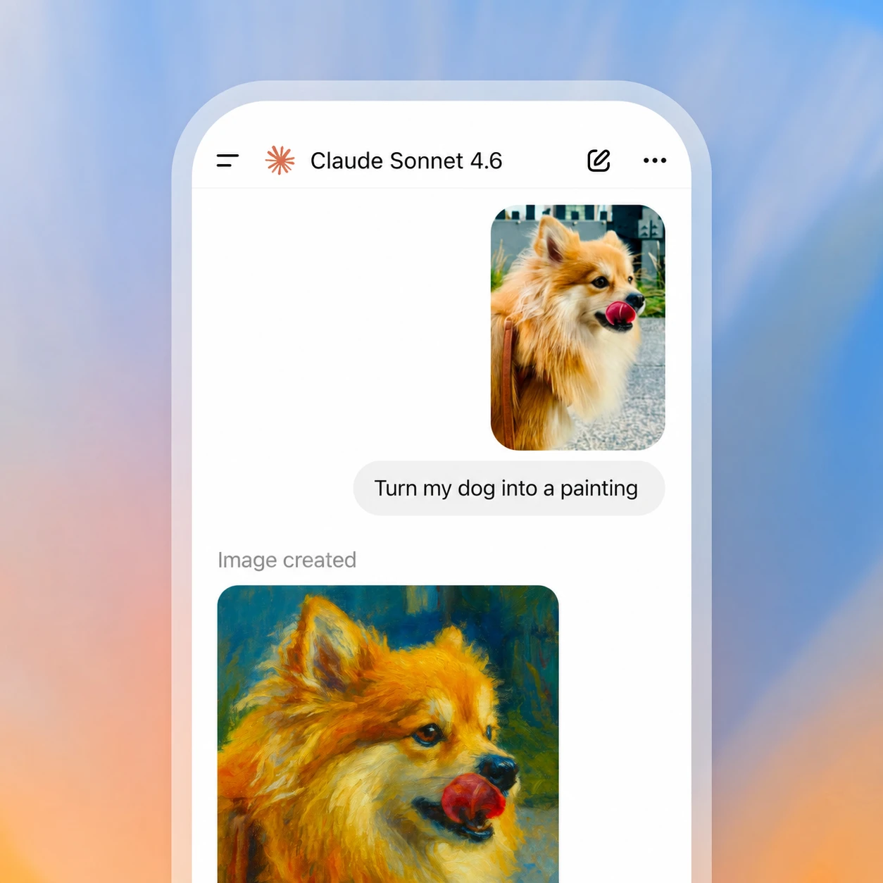 ZeroTwo mobile app turning a photo of a dog into a painting.