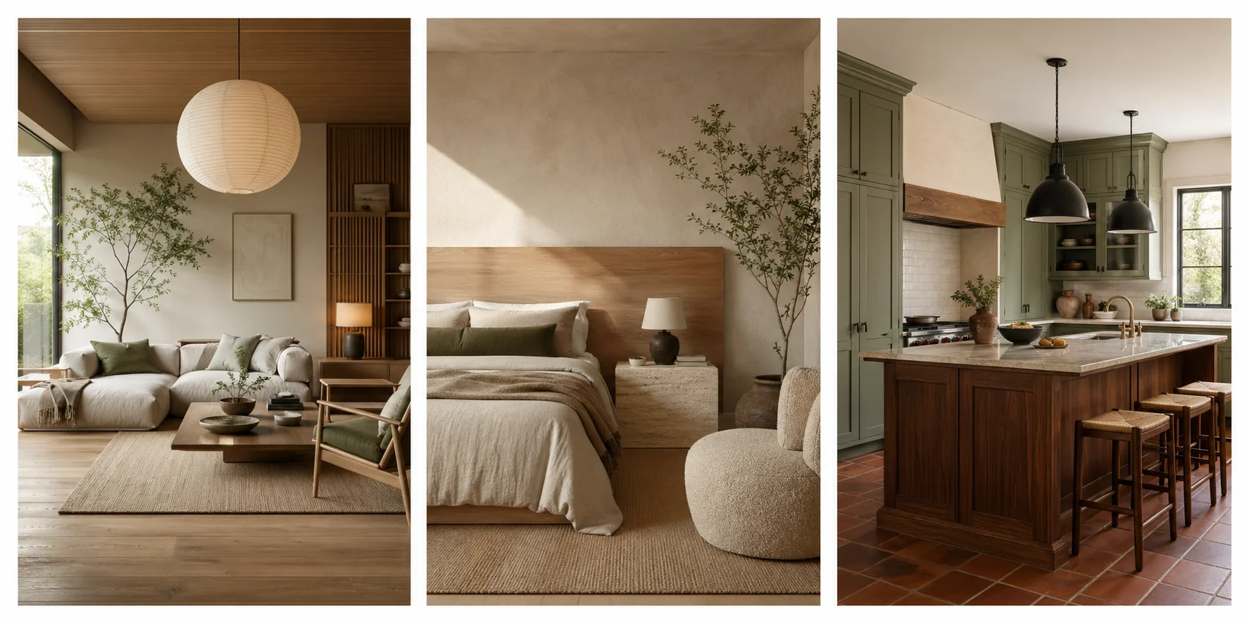 Three AI-generated interior design renders showing a Japandi living room, warm minimalist bedroom, and modern farmhouse kitchen